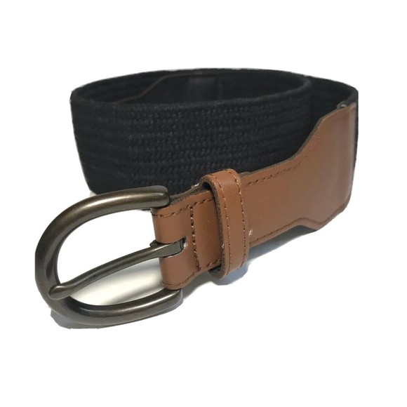 Old Navy Womens Wide Stretch Waist Belt Black Faux Leather Tan Medium Large M L - Picture 2 of 12